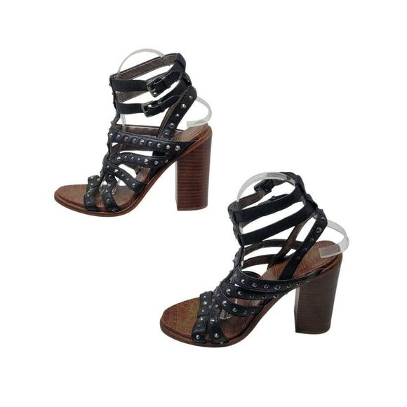 Sam Edelman Keith Gladiator Leather Studded Heeled Sandals 8 Black Strappy - Picture 5 of 11